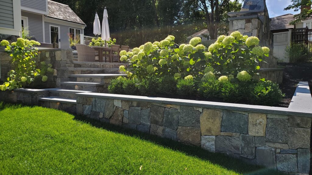 Stone retaining wall and planted terrace in Hingham