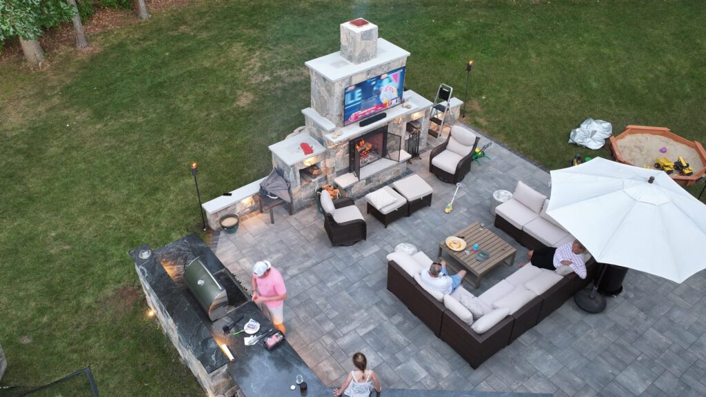 Aerial angle over the Duxbury fireplace and gathering space