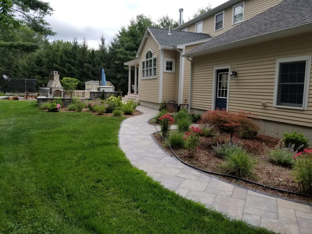Landscape view of the Easton walkway and outdoor living area
