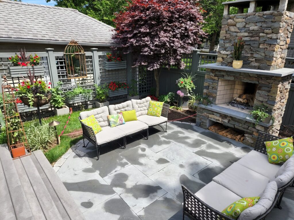 Quincy fireplace terrace and garden viewed from above